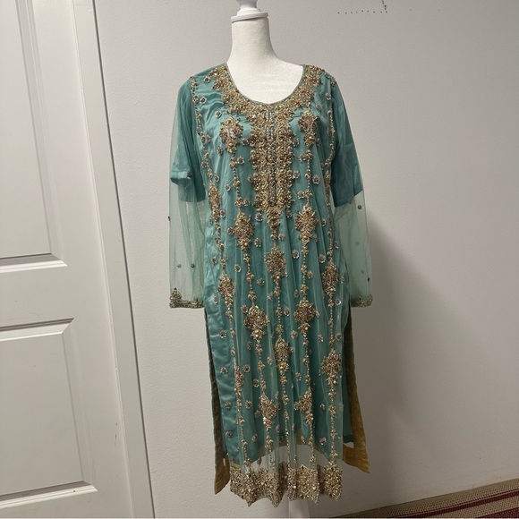 Mint Green and Gold Three-Piece Salwar Kameez Heavy Stonework| Size Approx Large - Picture 3 of 14